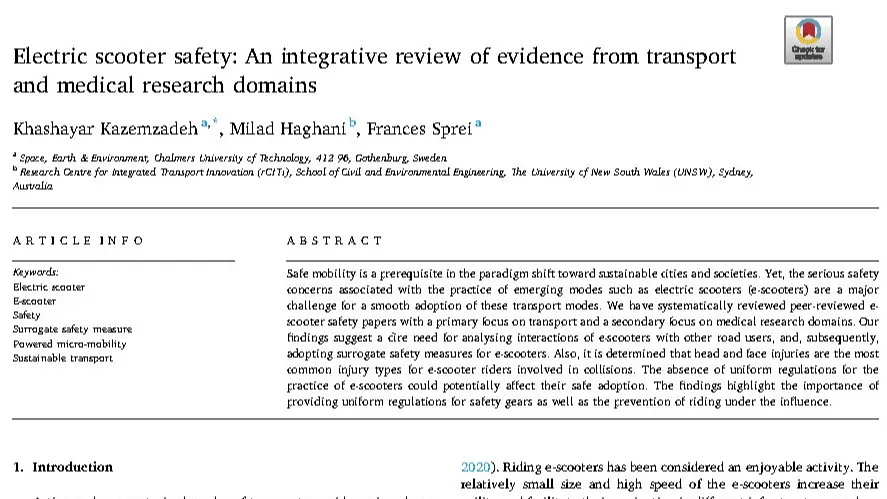 Safe mobility is a prerequisite in the paradigm shift toward sustainable cities and societies. Yet, the serious safety concerns associated with the practice of emerging modes such as electric scooters (e-scooters) are a major  challenge for a smooth adoption of these transport modes. We have systematically reviewed peer-reviewed e- scooter safety papers with a primary focus on transport and a secondary focus on medical research domains. Our  findings suggest a dire need for analysing interactions of e-scoot