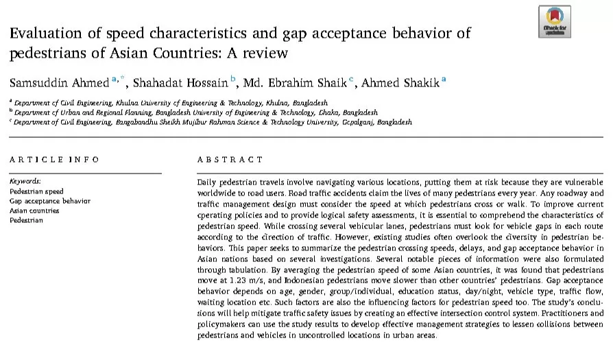 Evaluation of speed characteristics and gap acceptance behavior of pedestrians of Asian Countries- A review