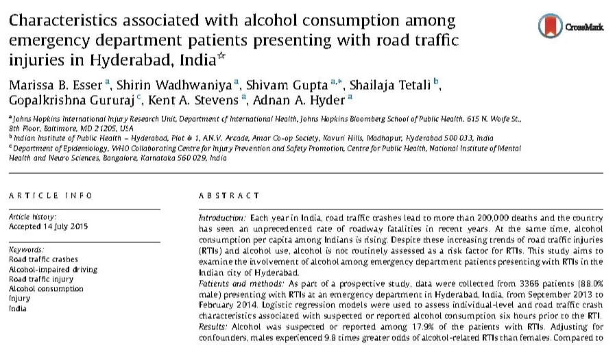 Characteristics associated with alcohol consumption among emergency department patients presenting with road traffic injuries in Hyderabad, India