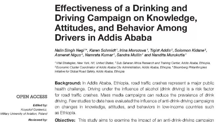 Effectiveness of a Drinking and Driving Campaign on Knowledge, Attitudes, and Behavior Among Drivers in Addis Ababa